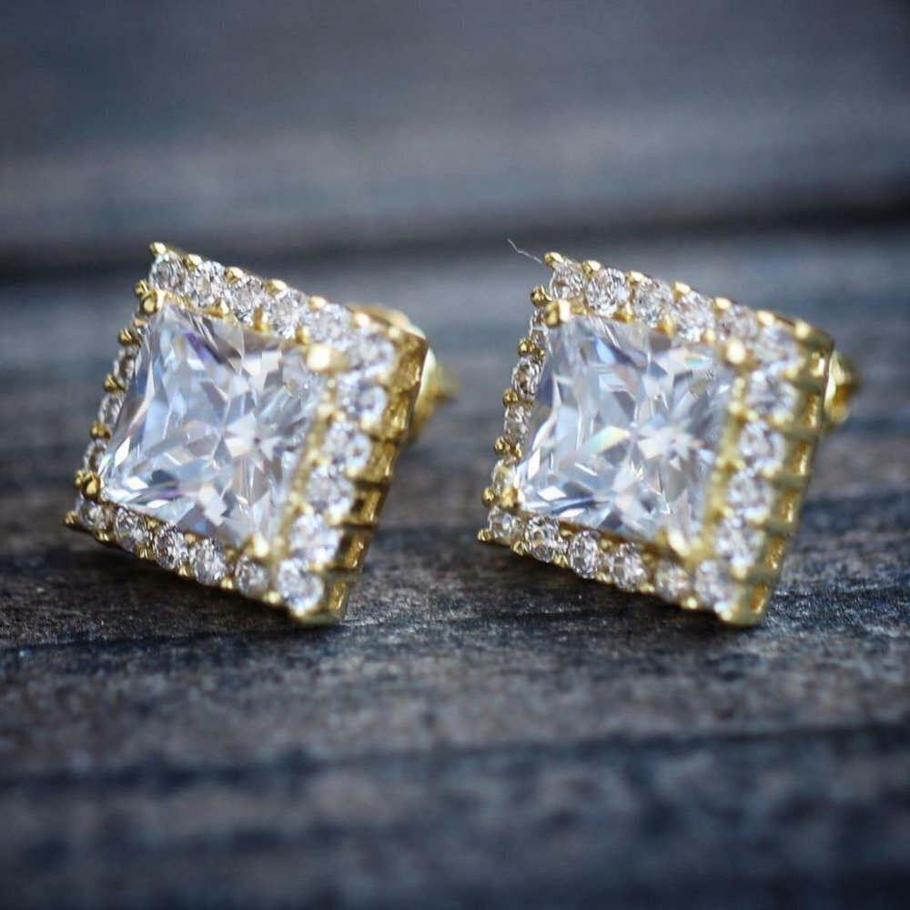 "Square Princess Cut Cz Stud 14k Gold Plated Earrings For Women, Indn8625